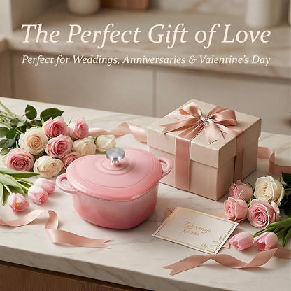 Overmont Enameled Cast Iron Dutch Oven - Heart-Shaped Pot with Lid Cookbook & Cotton Pot Holders - Mini Cookware Oven Safe to 500°F for Sourdough Baking Soups Stews - Great Gift for Birthday Wedding Housewarming 2QT Pink