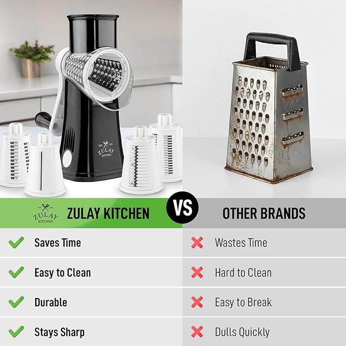 Zulay Kitchen Rotary Cheese Grater 5 Blade Cheese Shredder - Manual Hand Crank Cheese Grater With Reinforced Suction & 5 Interchangeable Drums - Easy to Use, Vegetable Chopper Round Mandoline Slicer - Image 2