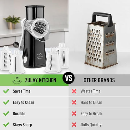 Zulay Kitchen Rotary Cheese Grater 5 Blade Cheese Shredder - Manual Hand Crank Cheese Grater With Reinforced Suction & 5 Interchangeable Drums - Easy to Use, Vegetable Chopper Round Mandoline Slicer - Image 2