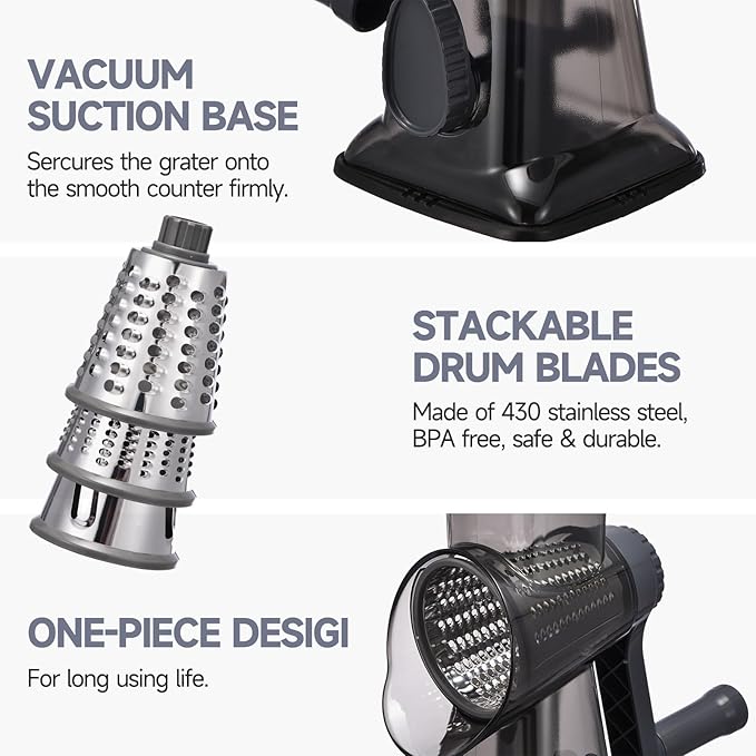 Rotary Cheese Grater with Handle Kitchen Shredder Slicer Grater Slicer Ice Shaver Cheese Vegetable Nuts Potato Zucchini Chocolate 3 Interchangeable Blades (Grey TSP) - Image 6