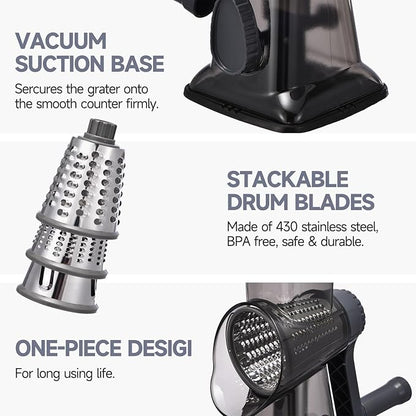 Rotary Cheese Grater with Handle Kitchen Shredder Slicer Grater Slicer Ice Shaver Cheese Vegetable Nuts Potato Zucchini Chocolate 3 Interchangeable Blades (Grey TSP) - Image 6