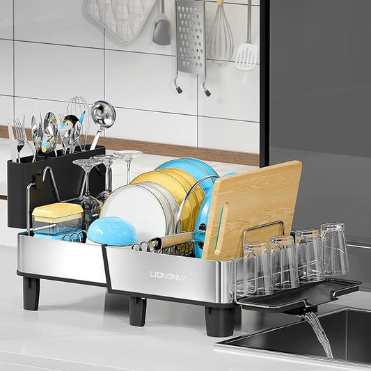 Dish Drying Rack, 304 Stainless Steel Exendable Dish Rack with Adjustable Drain Spout, Large Capacity Dish Drainer with Utensil Holder, Cup Holder and Cutting Board Rack for Kitchen Counter, Black by StartYourHomeStorageLife