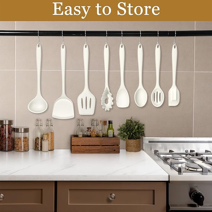 LIANYU 8Pcs Kitchen Cooking Utensils Set, Silicone Utensil Sets, Heat Resistant Kitchen Gadgets Essentials for Nonstick Cookware with Spatula, Spoon, Tuner, Ladle, Dishwasher Safe, White - Image 7