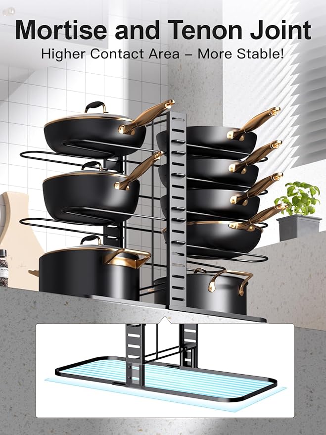 MUDEELA Pots and Pans Organizer Rack under Cabinet 14.55in Height, 8-Tiers Adjustable Pot Rack with 3 DIY Methods, Pot Lid Organizer inside Cabinet for Kitchen Pantry Organization and Storage - Image 4