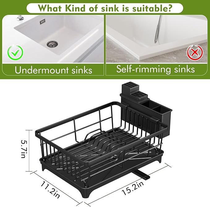Kmiectse Dish Drying Rack - Space-Saving Small Dish Rack for Kitchen Counter, Rust-Resistant Kitchen Drying Rack, Compact Dish Drainer Organizer with Utensil Holder for Home Kitchen, Black - Image 2