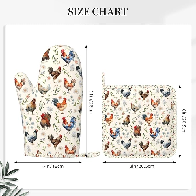 Cute Chicken Oven Mitts and Pot Holders Set, Heat Resistant & Non-Slip Silicone Oven Gloves for Handling Hot Pots, Pans, Baking, Grilling and BBQ