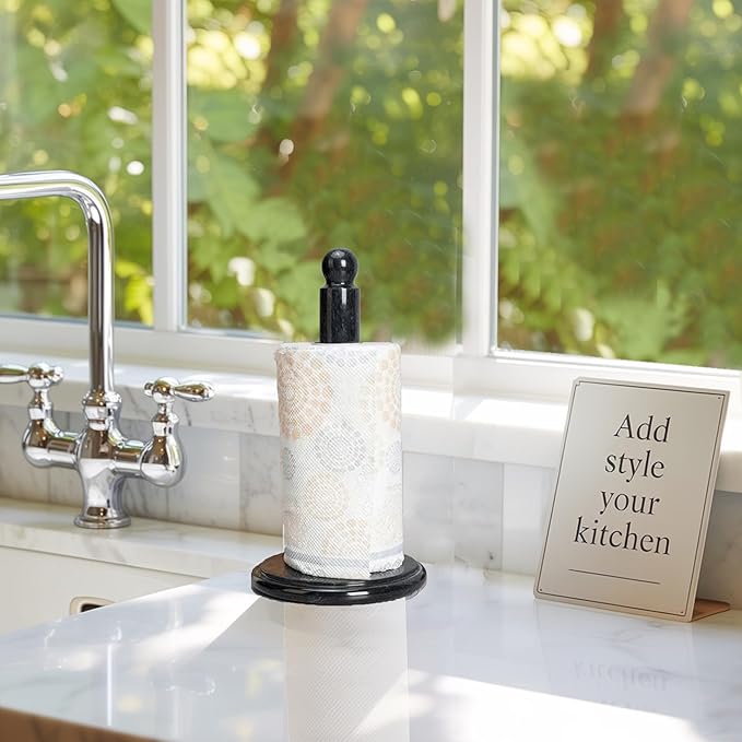 Black Marble Paper Towel Holder – Handmade Heavyweight Stand for Kitchen Countertops, Bathroom, Dining Table – Non-Slip Felt Base – Modern Natural Stone Decor