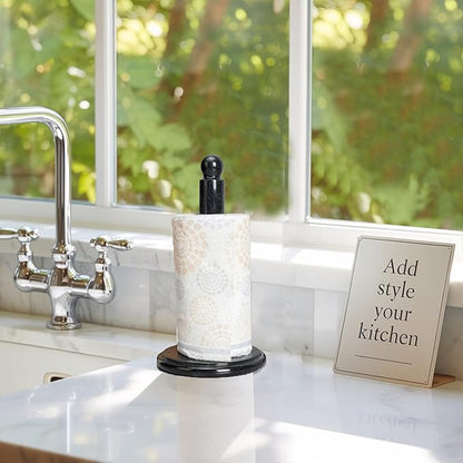 Black Marble Paper Towel Holder – Handmade Heavyweight Stand for Kitchen Countertops, Bathroom, Dining Table – Non-Slip Felt Base – Modern Natural Stone Decor