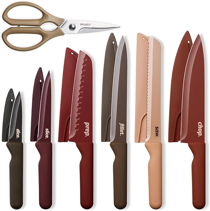 CAROTE Knife Set, 13 Pcs Kitchen Knife Set with Letter, 6 Stainless Steel Knives with Nonstick Ceramic Surface & Blade Guards, Kitchen Shears, Dishwasher Safe, Ergonomic Handles by CAROTE