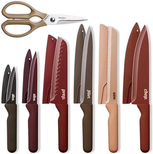 CAROTE Knife Set, 13 Pcs Kitchen Knife Set with Letter, 6 Stainless Steel Knives with Nonstick Ceramic Surface & Blade Guards, Kitchen Shears, Dishwasher Safe, Ergonomic Handles by CAROTE