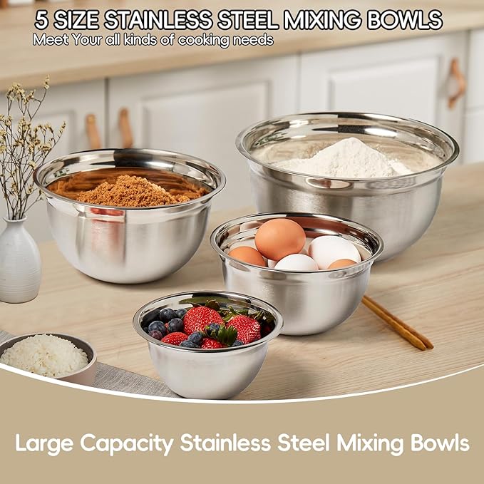 WEPSEN Mixing Bowls Set, 25PCS Khaki Mixing Bowls With Lids Set Stainless Steel Kitchen Large Nesting Metal Bowl 7QT to 1.5QT, Measuring Cups and Spoons for Prepping Cooking Serving - Image 3
