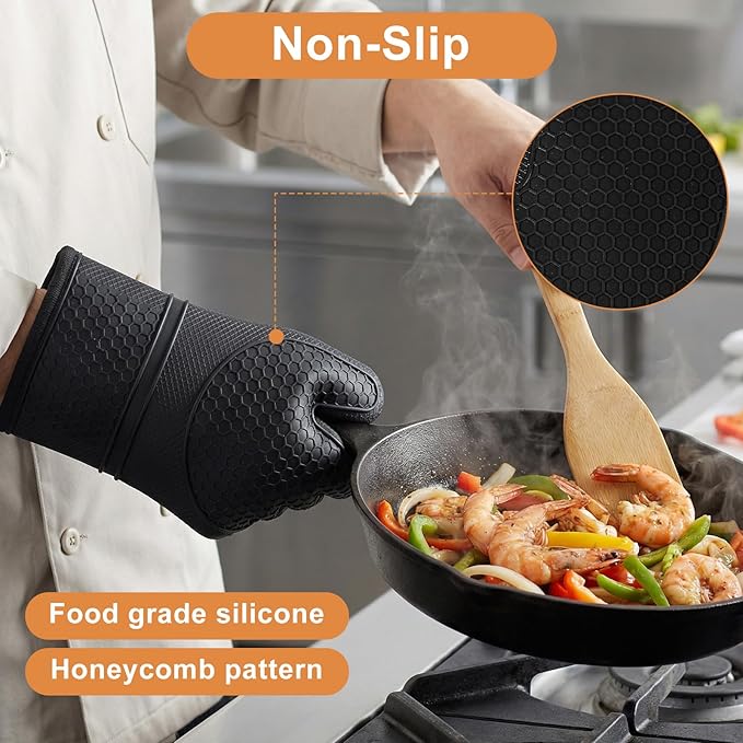 6 Pcs Oven Mitts and Pot Holders Sets for Kitchen, Extra Long Silicone Oven Gloves High Heat Resistant 500 Degrees Non-Slip Potholders Hot Pads for Baking Cooking (Black) - Image 5