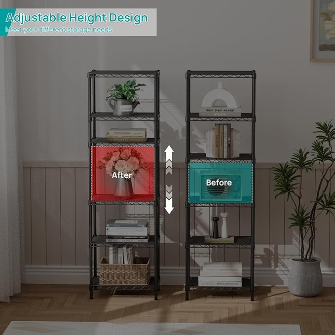 SINGAYE 6 Shelves Bathroom Organizers and Storage Shelf Wire Closet Metal Pantry Kitchen Small Garage Shelving Unit Laundry Room Organization Home Tall Rack Balck 10" D x 16" W x 60”H - Image 6