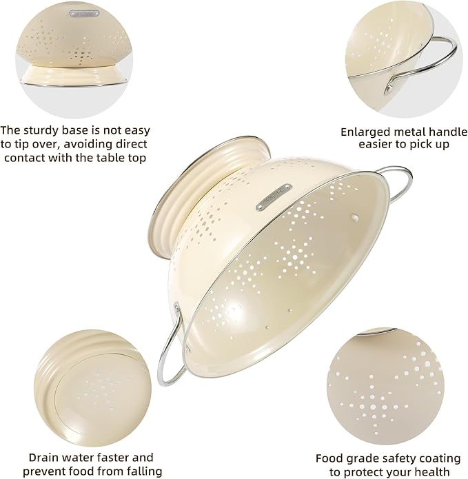 Metal Colander 2 Pack, Strainer Bowel with Handles 2Qt & 6Qt Powder Coated Solid Ring Base Heavey Duty Kitchen Drainer Basket for Pasta Veggies and Fruits,New Home Apartment Essentials (Almond Cream) - Image 5
