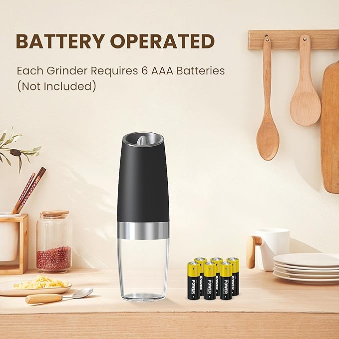 Gravity Electric Salt And Pepper Grinder, Automatic Salt And Pepper Grinder, Battery Powered (6 AAA Batteries Each), Adjustable Roughness, LED Light, 1 Pack, (Black) - Image 2