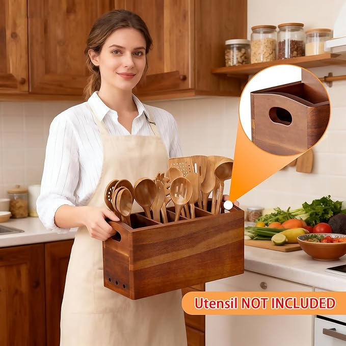 Natural Acacia Wood Utensil Holder for Kitchen Counter (X-Large), 4 Compartment with Removable Dividers 15.7"x7.2"x5.04", Extra Large Cooking Utensil Organizer - Anti-Scratch Bottom - Image 6