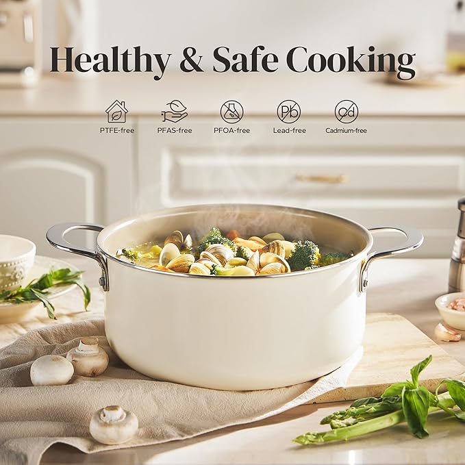 Redchef Ceramic Stock Pot with Lid, Soup Pot for All Stoves, 5 Qt Induction Cooking Pot for Soup Nonstick, Even Heating, Stay-Cool Handles, Oven/Dishwasher Safe, PTFE PFAS Free (Beige) - Image 2