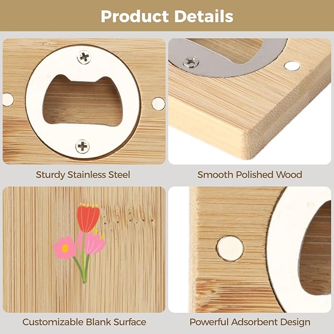 24Pcs Bamboo Bottle Opener,2.6 x 0.5" Wooden Bottle Openers Blanks Bulk,Square Custom Bottle Openers with Blank DIY, Adsorbent Refrigerator Sticker Presents for Parties, Weddings, Bars