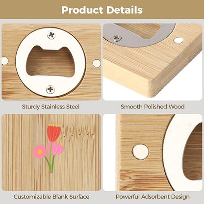 24Pcs Bamboo Bottle Opener,2.6 x 0.5" Wooden Bottle Openers Blanks Bulk,Square Custom Bottle Openers with Blank DIY, Adsorbent Refrigerator Sticker Presents for Parties, Weddings, Bars