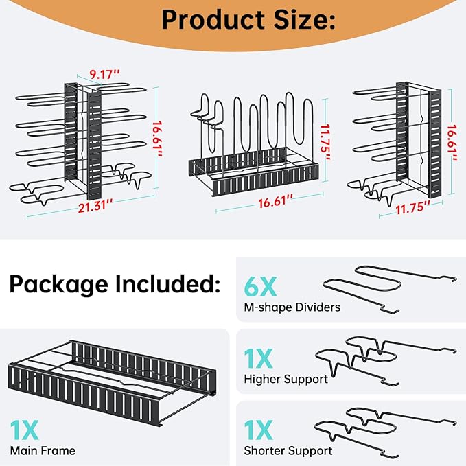 MUDEELA Pots and Pans Organizer Rack under Cabinet 16.61 Height, 8 Tiers Adjustable Pot Pan Rack with 3 DIY Methods, Pot Lid holder for Kitchen Cabinet Organizers and Storage - Image 6