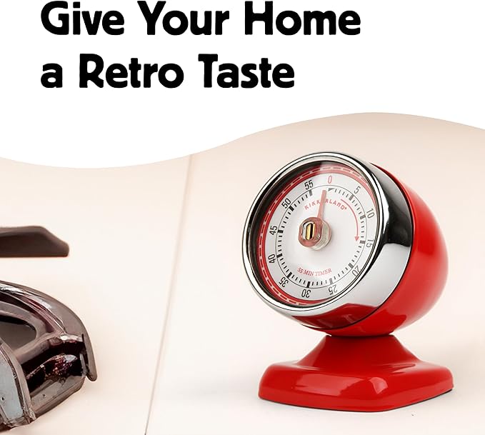 Kikkerland Vintage Streamline Timer – Retro Decor for Home & Kitchen – Windup Timekeeper in Red - Image 2