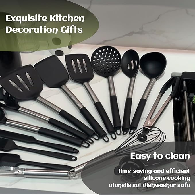 40 Pcs Kitchen Utensils Set Silicone Cooking, 446℉ Heat Resistance Stainless Steel Metal, Spaghetti Spoon Cookware Utensils, Rubber Tools Nonstick Kitchenware Can Dishwasher Safe - Image 6