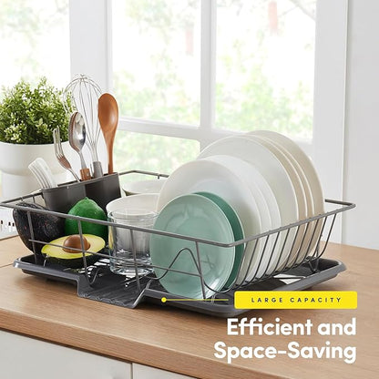 Sweet Home Collection Space-Saving 3-Piece Dish Drainer Rack Set: Efficient Kitchen Organizer for Quick Drying and Storage - Includes Cutlery Holder and Drainboard - Maximize Countertop Space, Gray - Image 3