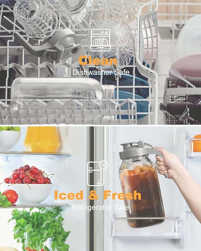 2 Pack - 64oz Glass Pitcher with Lid Wide Mouth, 2 Quart (1.9 Liter) Mason Jar Pitcher with Lid and Spout, Leakproof Water Jug for Water, Juice, Tea, Iced Coffee, Milk Storage - Image 6