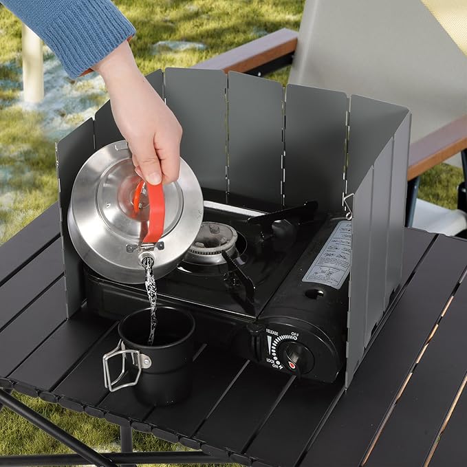 REDCAMP Folding Outdoor Stove Windscreen, 10 Plates Iron Camping Stove Windshield with Carrying bag, Lightweight Butane Burner Windshield, Grey