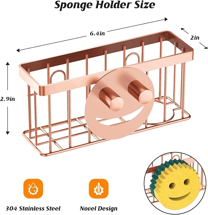 MURLONG Sponge Holder Smiley Face,Sink Caddy for Kitchen Sink,Sponge Holder with 2 PCS Suction Cups/1 PCS Adhesive Strips,Designed for Sponge,Soap,Dish Brush,Scrubber-Rose Gold - Image 2