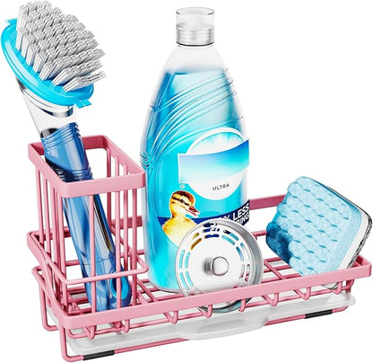 Consumest Sponge Holder for Kitchen Sink - Kitchen Sink Caddy Organizer with Removable Drip Tray for Countertop Dish Soap Dispenser Brush Storage Accessories 304 Stainless Steel, Pink by Consumest