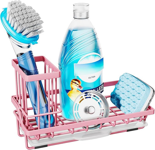 Consumest Sponge Holder for Kitchen Sink - Kitchen Sink Caddy Organizer with Removable Drip Tray for Countertop Dish Soap Dispenser Brush Storage Accessories 304 Stainless Steel, Pink by Consumest