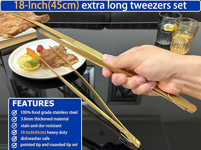 JETKONG 2 Pcs 18 Inch (45cm) Stainless Steel Grill Tongs Heavy Duty Giant Tweezer Tongs, Extra Large Tweezers Tools for Cooking, Grilling, BBQ and Turning Food (Gold) - Image 3
