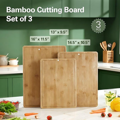 Zarler Bamboo Cutting Boards for Kitchen, 3 Piece Durable Wood Cutting Board with Juice Grooves and Handles, Wooden Chopping Board Set for Meal Prep, XL Size, Ideal Kitchen Gift - Image 5