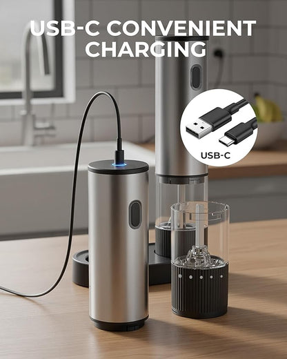 Electric Salt and Pepper Grinder Set, USB Rechargeable Salt and Pepper Shaker with LED Light, Stainless Steel Adjustable Automatic Pepper Mill for Kitchen, Dining