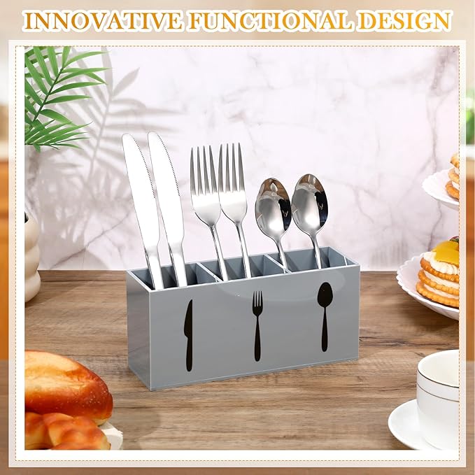 Suzile Acrylic Cutlery Storage Organizer Bin Silverware Caddy Countertop Knife Spoon and Fork Holder Kitchen 3 Section Tableware Storage Box for Cabinet Indoor Home Flatware Dining Room (Gray,M) - Image 4