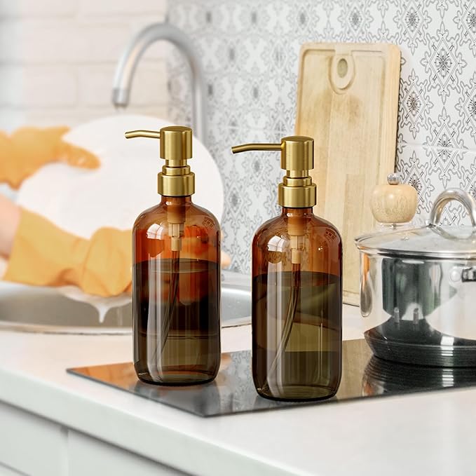 AmazerBath Amber Glass Soap Dispenser, 2 Pack Vintage Brown Bottle with Stainless Steel Pump,17 Oz Hand Dish Soap Dispenser Bottle, Modern Soap Dispensers for Bathroom Kitchen - Image 7
