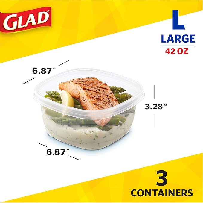 Glad GladWare Tall Entree Food Storage Containers with Lids, Large Square BPA Free Plastic for Meal Prep and Lunches, Lock Tight Seal, Microwave and Dishwasher Safe, 42 Oz, 3 Count - Image 2