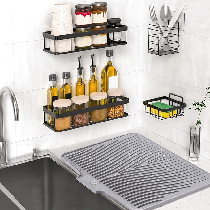 TIKNIK Silicone Dish Drying Mat, Stone Drying Mat for Kitchen Counter with Built-In Drain, Non-Slip Drain Pad with Built-in Drain, Heat Resistant Stone Drying Mat, Hangable, Grey-2pcs, 20" x 15" - Image 5