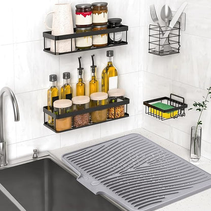 TIKNIK Silicone Dish Drying Mat, Stone Drying Mat for Kitchen Counter with Built-In Drain, Non-Slip Drain Pad with Built-in Drain, Heat Resistant Stone Drying Mat, Hangable, Grey-2pcs, 20" x 15" - Image 5
