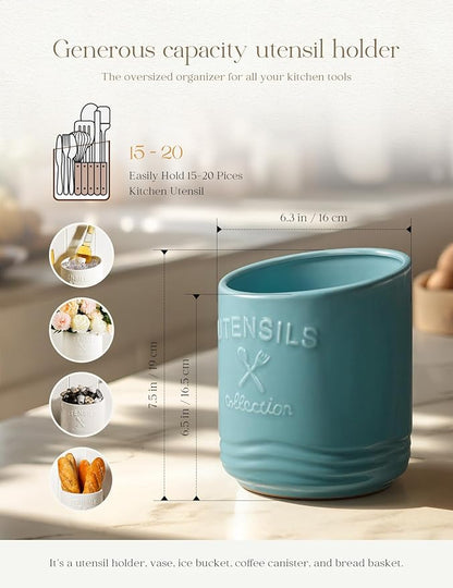 AISBUGUR Large Ceramic Utensil Holder 7.5" H×6.3" W with Slanted Mouth - Utensil Crock with Non-Slip Cork Base for Kitchen Counter, Ideal for Decor & Gift,Blue - Image 3