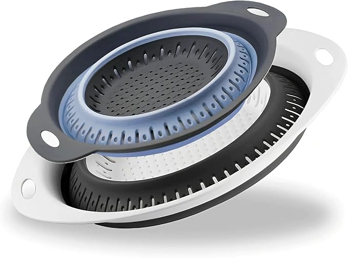 Collapsible Colander Set, Square Round Triangles Silicone Kitchen Strainer Perfect for Draining Pasta Vegetable fruit 2 PCS (Gray&Blue, 12"L x 9.5"W x 2.3"H) by FglmctshHomeProducts