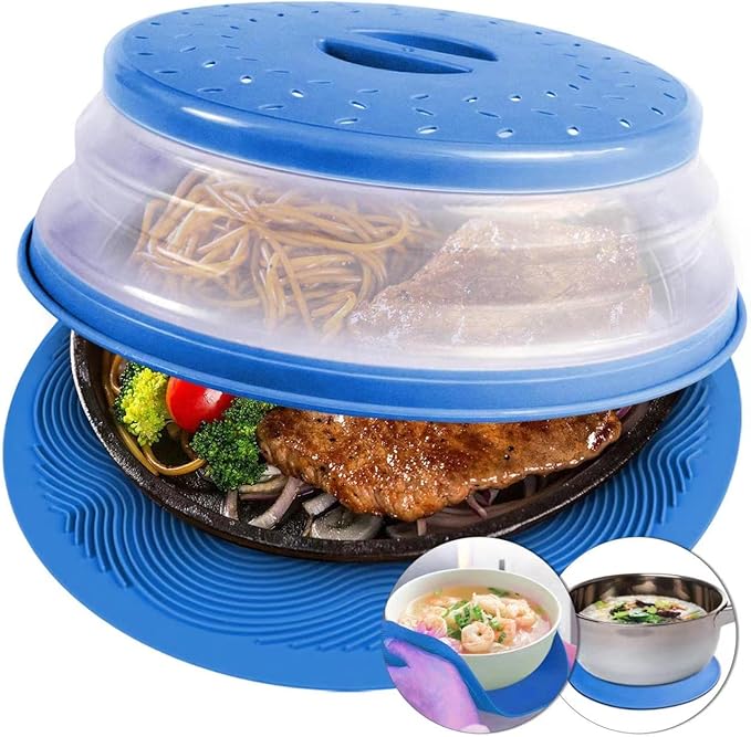2 in 1, Aidacom Microwave Splatter Cover for Food & Silicone Microwave Mat, Mat as Bowl Holder, Trivet, Pot Holders, Drying, Baking, Utensils Rest for Kitchen Counter, Dishwasher Safe, Blue by AIDACOM