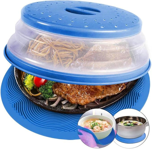 2 in 1, Aidacom Microwave Splatter Cover for Food & Silicone Microwave Mat, Mat as Bowl Holder, Trivet, Pot Holders, Drying, Baking, Utensils Rest for Kitchen Counter, Dishwasher Safe, Blue by AIDACOM