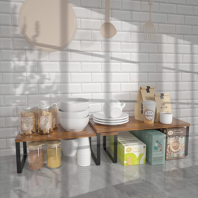 NEX Kitchen Cabinet and Counter Shelf Organizer, Stackable & Expandable, Set of 4, Black and Rustic Brown - 7.7 x 15.6 x 6.2'' - Image 8