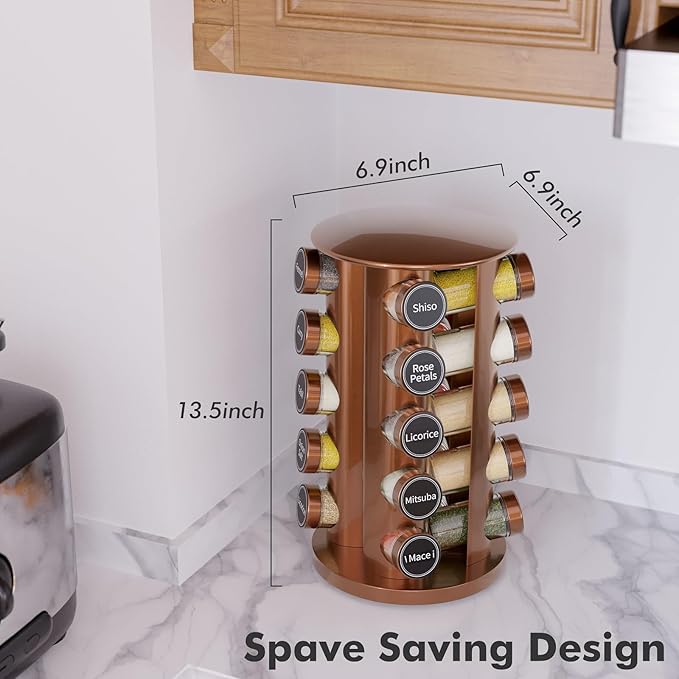 New England Stories Revolving Spice Rack Set with 20 Spice Jars, Kitchen Spice Tower Organizer for Countertop or Cabinet - Carousel Storage Includes 386 Spice Labels (Gold) - Image 4