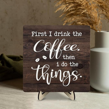 Vintage Coffee Bar Sign Plaque,Rustic Wooden Tabletop Plaque with Stand, Minimalist Farmhouse Kitchen Counter Sign for Coffee Station, Cute Mini Café Bar Decor Gift 5.9x5.9Inch - Image 8