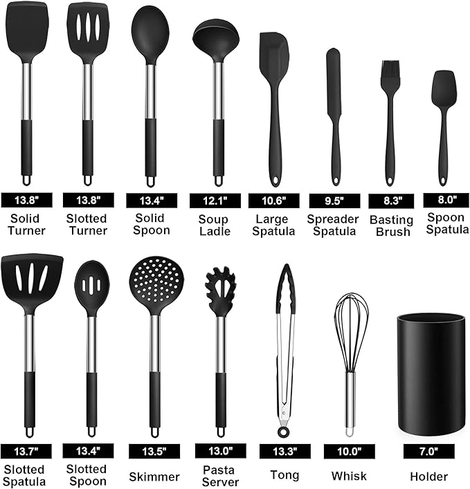 LIANYU 15-Piece Kitchen Cooking Utensils Set with Holder, Silicone Kitchen Tools Stainless Steel Handle, Slotted Spatula Spoon Turner Tong Whisk Brush for Cooking, Black - Image 2