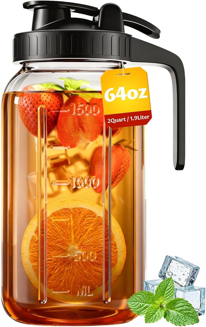 64 oz Mason Jar Pitcher – Airtight & Leakproof Glass Pitcher with Lid, Perfect for Iced Tae, Sun Tea, Cold Brew, Breastmilk, 2 Quart (1/2 Gallon) Mason Jar with Pour Spout Lid Flip-Cap & Handle by VA1KENE