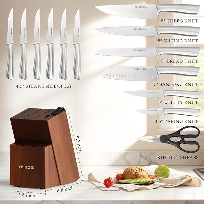 Astercook Knife Set, Kitchen Knives Set with Block and Sharpener Full Tang 15 Pcs Premium Stainless Steel Knives, Dishwasher Safe Knife Set with Anti-slip Ergonomic Handle, Walnut, Mothers Day Gifts - Image 2